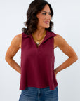 Wine knit tank top with collar for game day, sporty game day outfit for USC, sporty game day top for Alabama