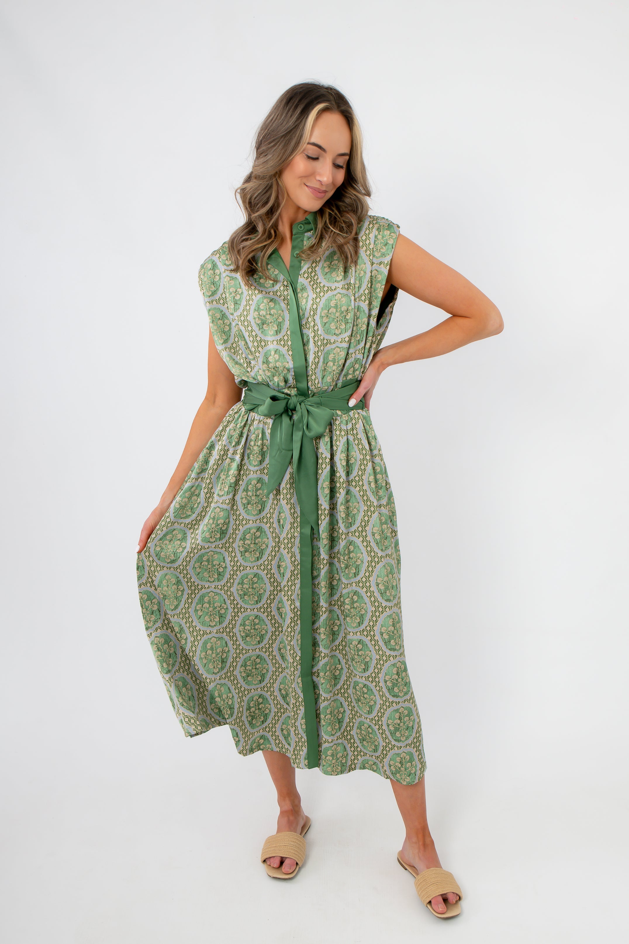 Emerald Deco Printed Satin Midi Dress | Art Deco Satin Midi  L. Mae  Boutique