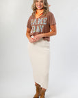 Front view of It's Gameday Camo Crop Graphic Tee – Stylish Neutral Crop Top featuring camo 'GAMEDAY' print, styled for a trendy gameday outfit.