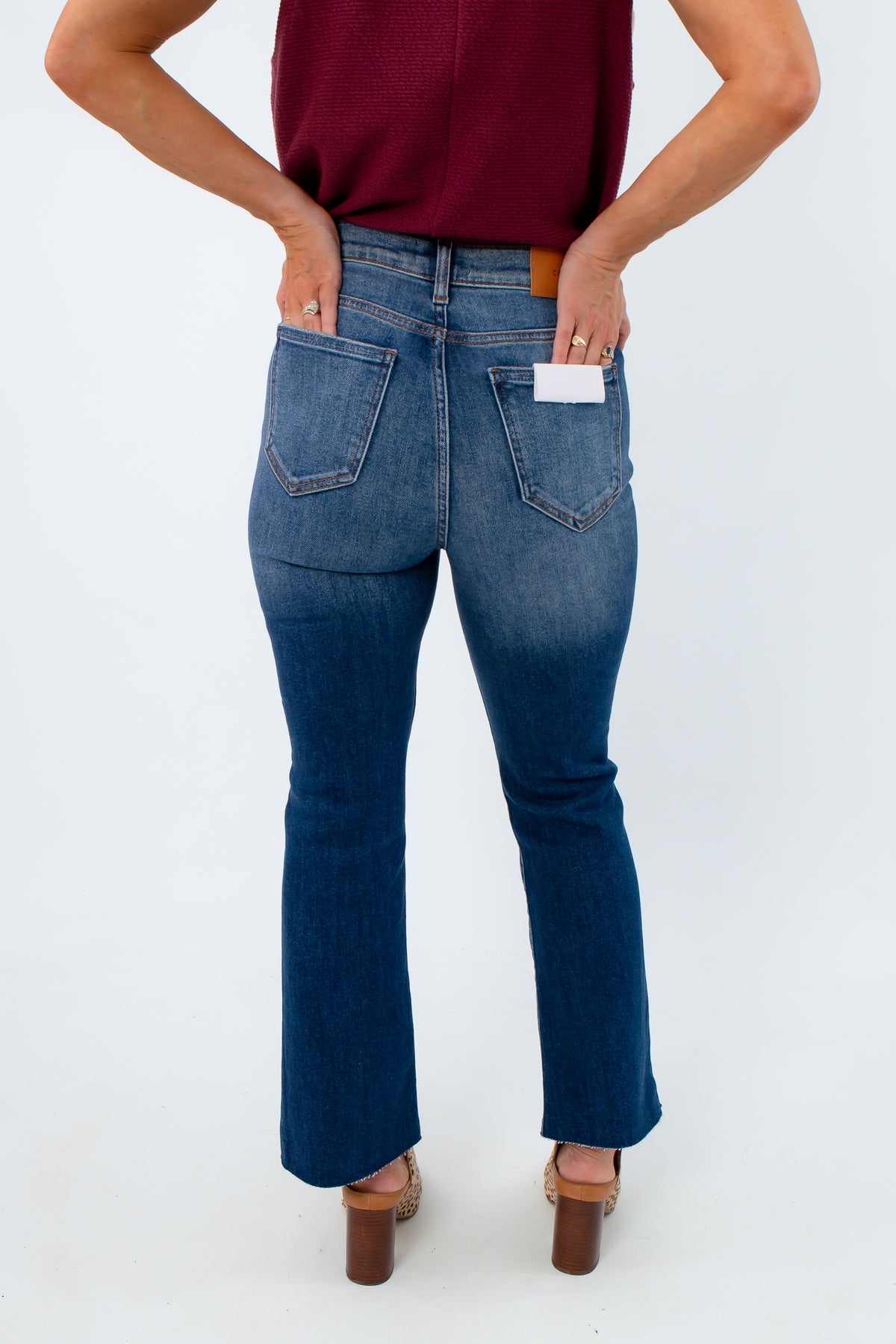 Women's dark wash denim, women's cropped ankle flare jeans, women's medium wash denim