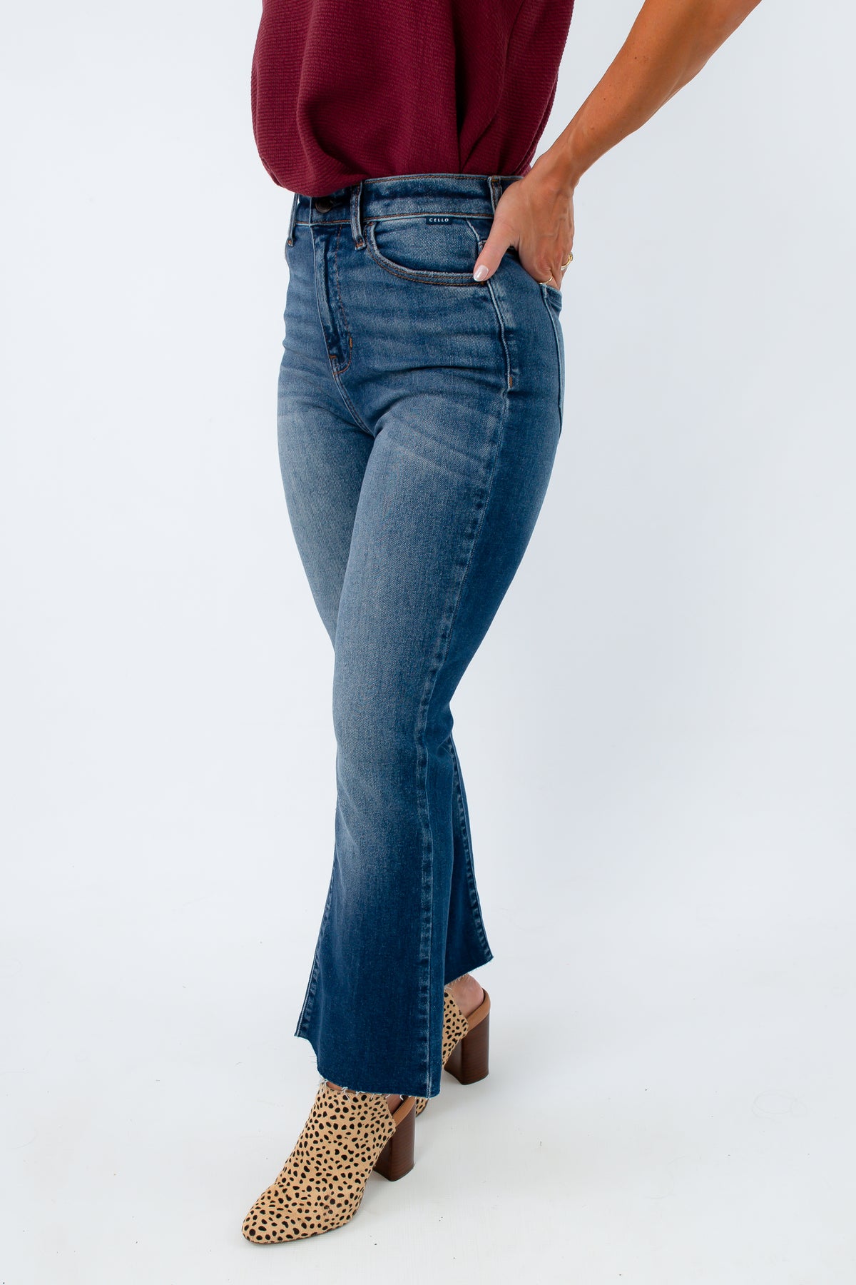 Women's crop flare jeans in a medium wash for fall, women's high rise jeans, women's ankle flare jeans