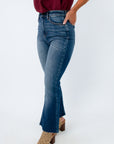 Women's crop flare jeans in a medium wash for fall, women's high rise jeans, women's ankle flare jeans
