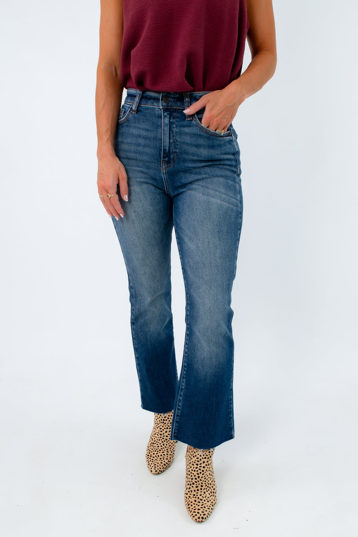 Dark Wash High Rise Crop Flare Jeans