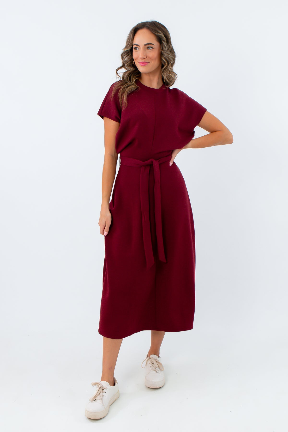 Lightweight wine colored maxi dress with tie waist, Spanx AirEssentials dress in burgundy wine color