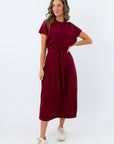 Lightweight wine colored maxi dress with tie waist, Spanx AirEssentials dress in burgundy wine color