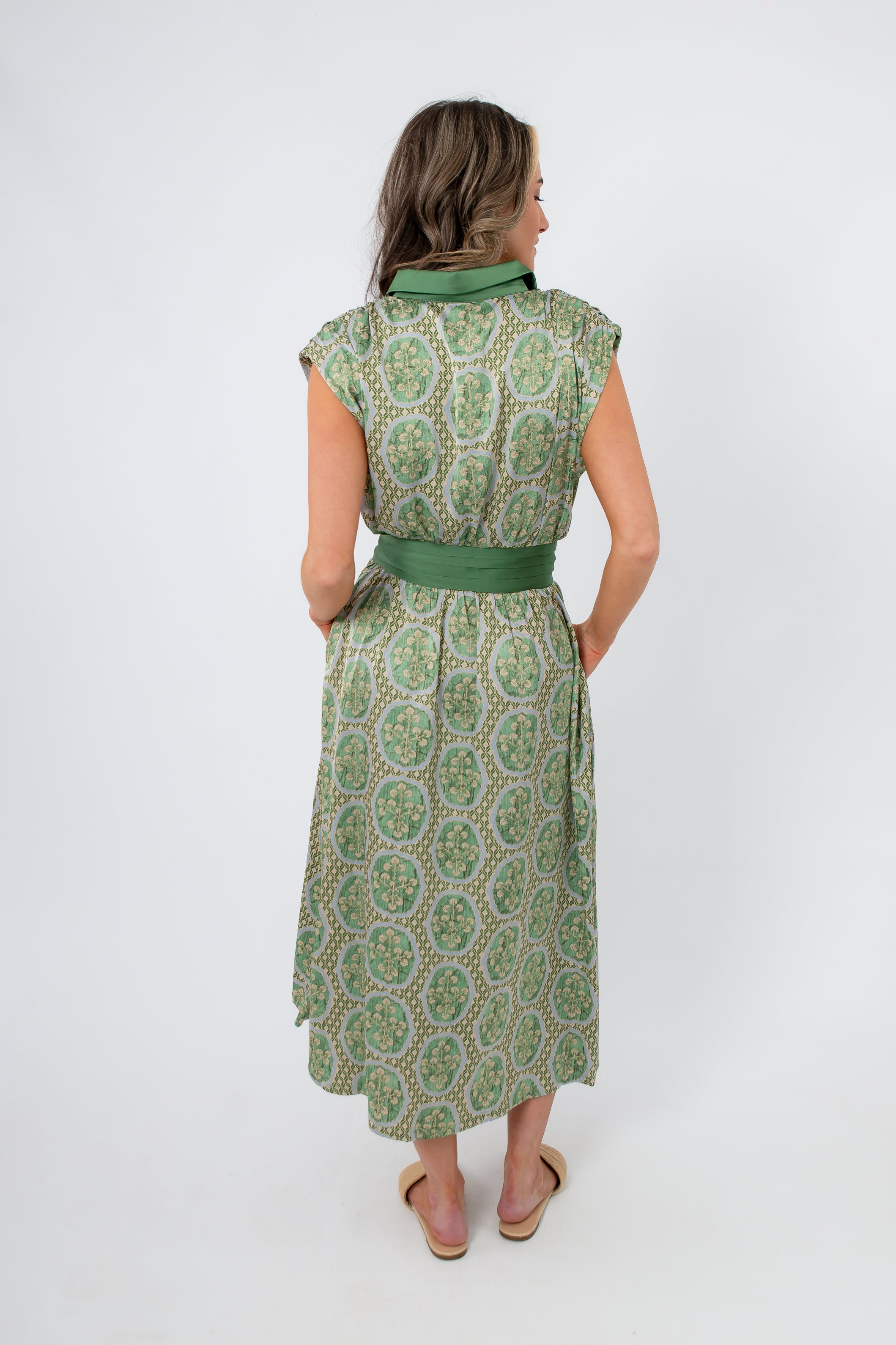 Emerald Deco Printed Satin Midi Dress