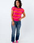 Pink sleeveless sweater with orange stripes for fall, pink sleeveless sweater, pink short sleeve sweater