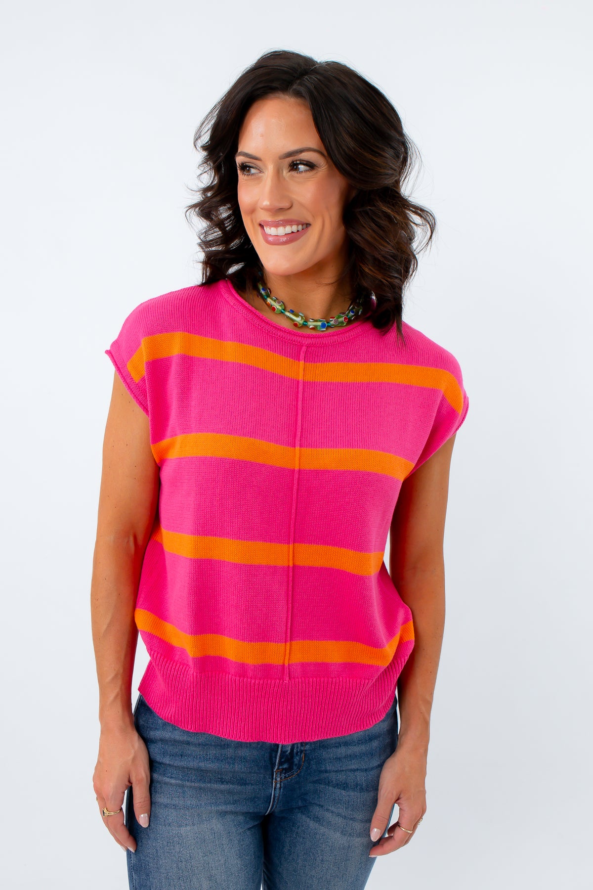 Sally Pink Orange Stripe Sleeveless Sweater