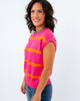 Lightweight knit sweater for early fall layering, pink and orange sweater for halloween, striped short sleeve sweater