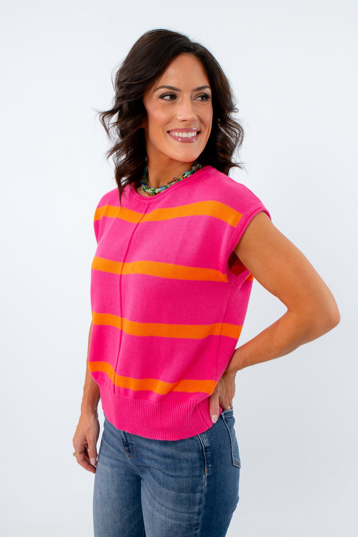 Colorful sleeveless fall tops with stripes, pink and orange sleeveless knit top, colorful fall sweater, colorful short sleeve sweater