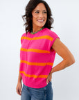Colorful sleeveless fall tops with stripes, pink and orange sleeveless knit top, colorful fall sweater, colorful short sleeve sweater