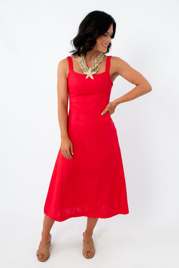 Back view of Firecracker Red Square Neck Midi Dress with Strappy Back Details