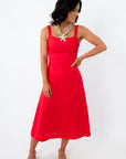 Back view of Firecracker Red Square Neck Midi Dress with Strappy Back Details