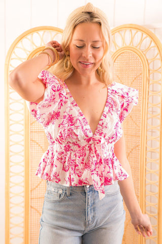 Celia Pink Porcelain Patterned Ruffle Top-Meet Me In Santorini-L. Mae Boutique