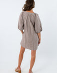 Seersucker style gingham dress with half sleeves, brown dress with a generous fit, casual brown gingham dress