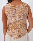 High neck sleeveless button down back blouse with shell pattern for summer workwear, summer vacations, tropical vacations, beach look