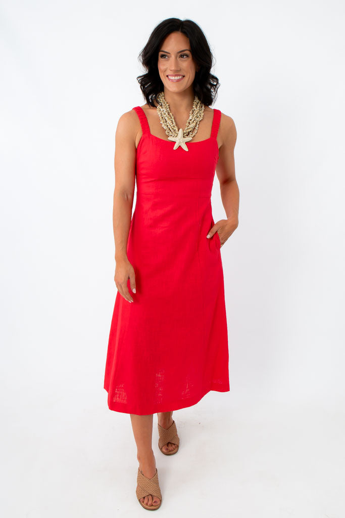 Firecracker Red Square Neck Midi Dress with Pockets for Summer