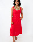 Firecracker Red Square Neck Midi Dress with Pockets for Summer