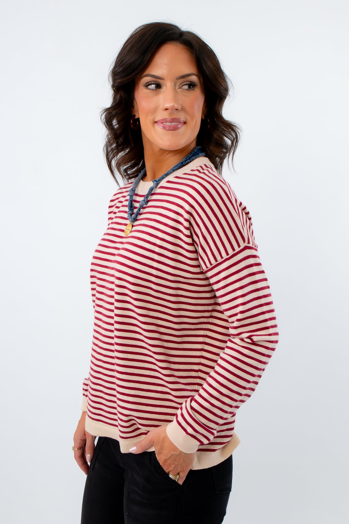 Burgundy striped sweater for university game day, university of south carolina game day outfit for cold weather