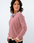 Burgundy striped sweater for university game day, university of south carolina game day outfit for cold weather