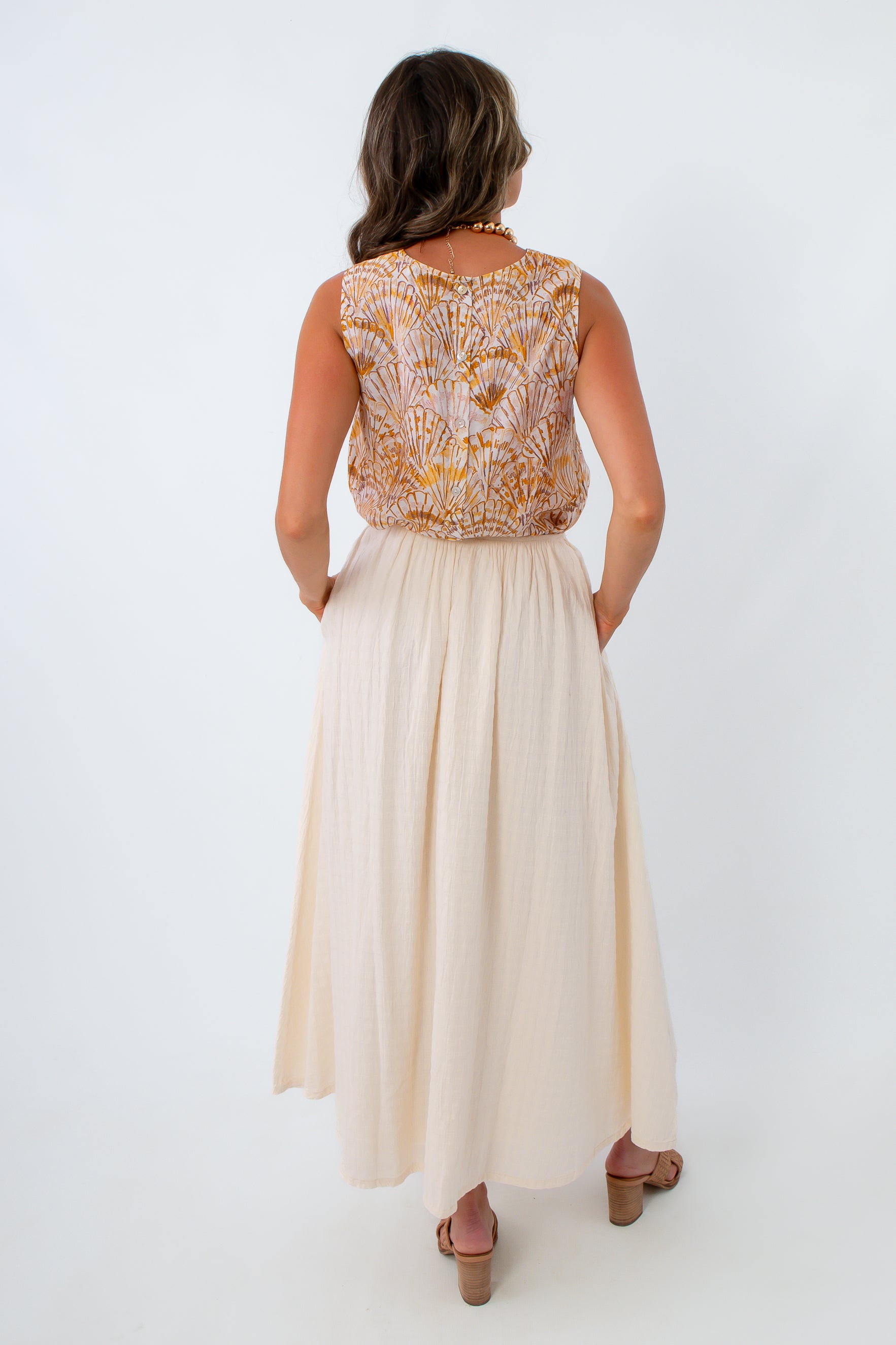 FRNCH Cloudia cotton skirt paired with seashell printed tank for summer vacation,  beach outfit
