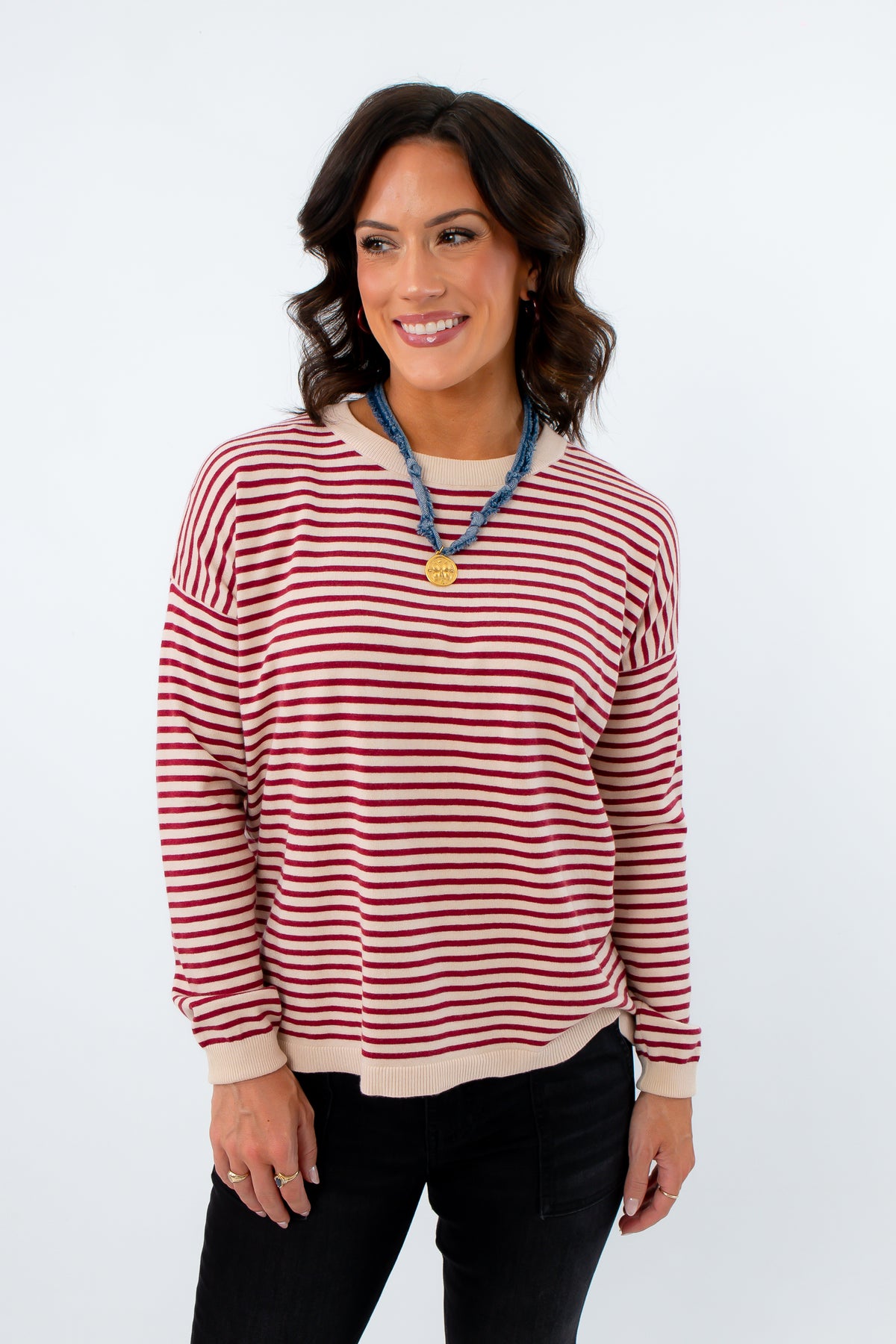 Storm The Field Burgundy Striped Lightweight Sweater