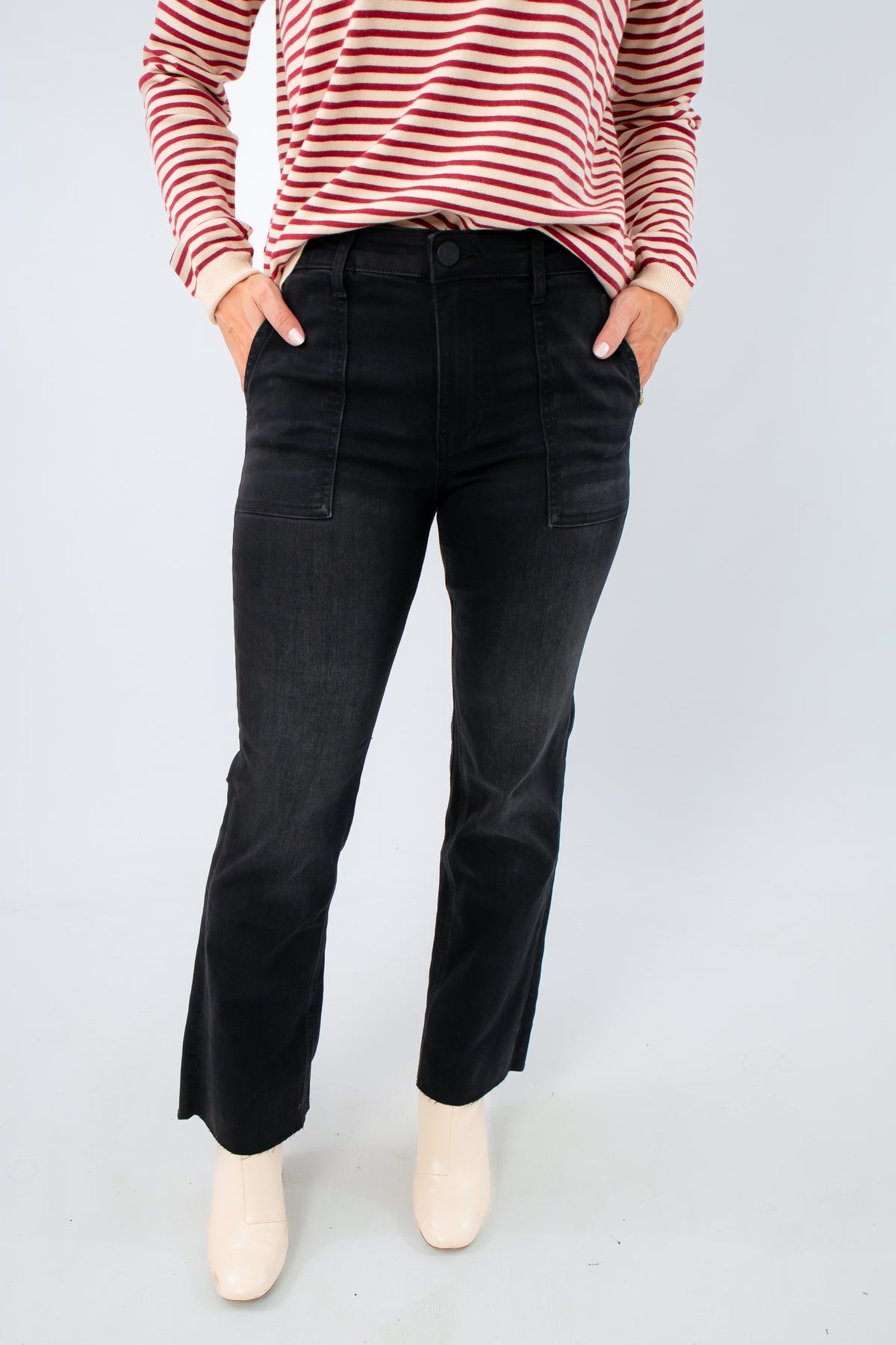 High-rise ankle flare black denim jeans for women, Kut from the Kloth black denim jeans, Kut from the Kloth Kelsey jeans