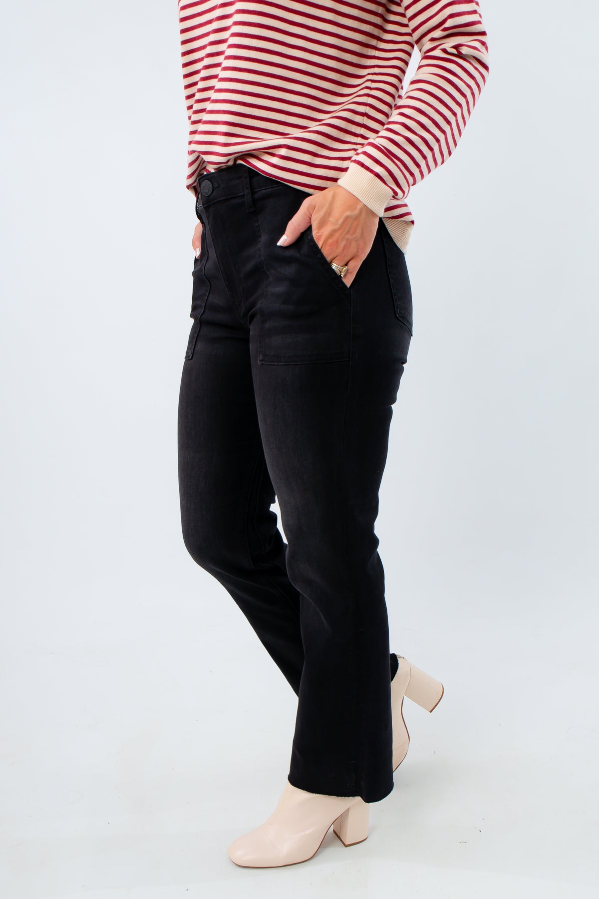 Modern black flare jeans with slanted pockets, Kut black jeans, women's black denim, women's ankle flare jeans
