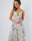 Palm Springs Lavender Printed Midi Dress with floral pastel print and braided straps, ideal for summer weddings and vacations.
