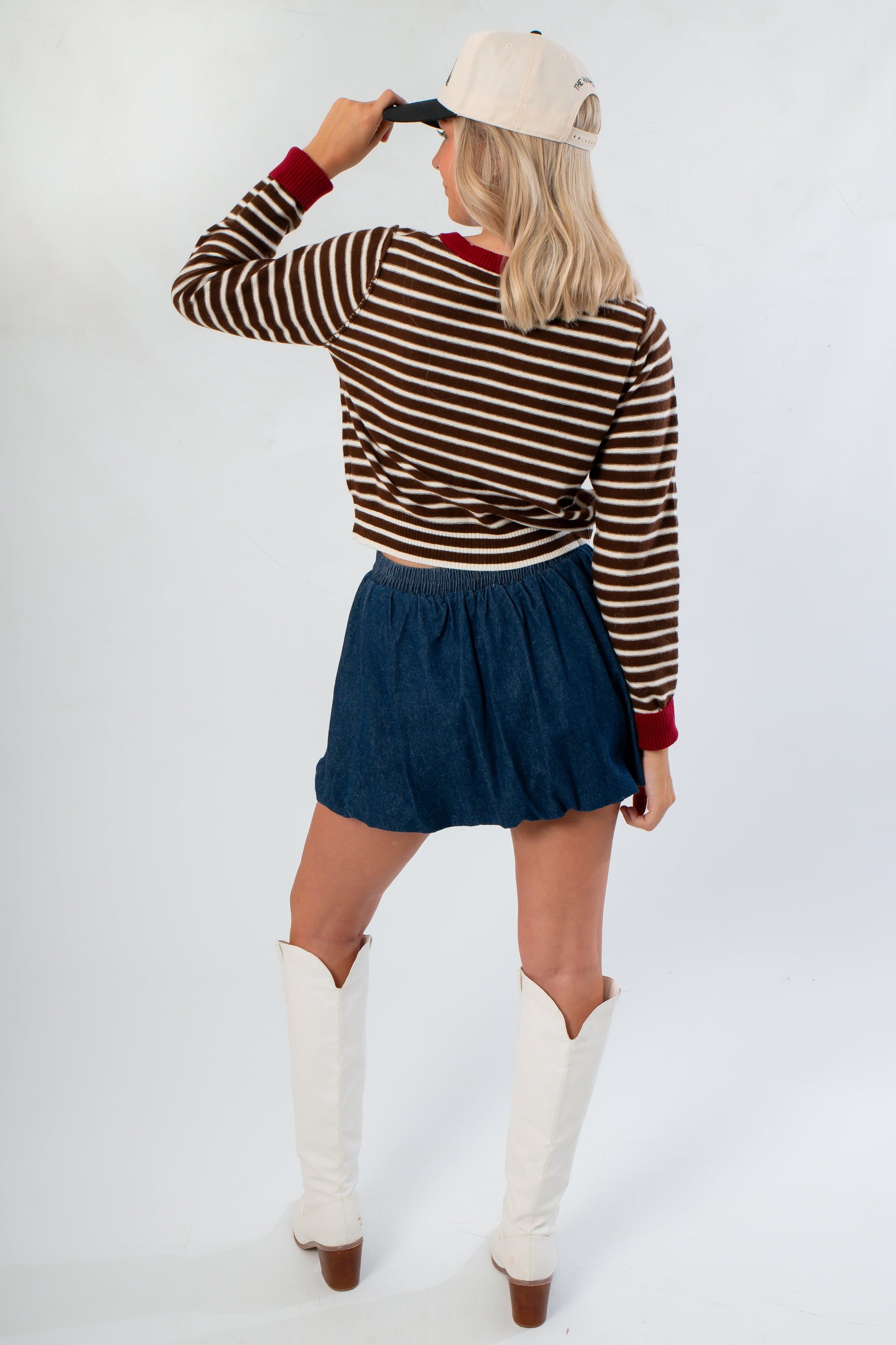 Back view of Jenna Brown &amp; Burgundy Stripe Cardigan highlighting horizontal stripes and ribbed hem, styled for casual or gameday wear.