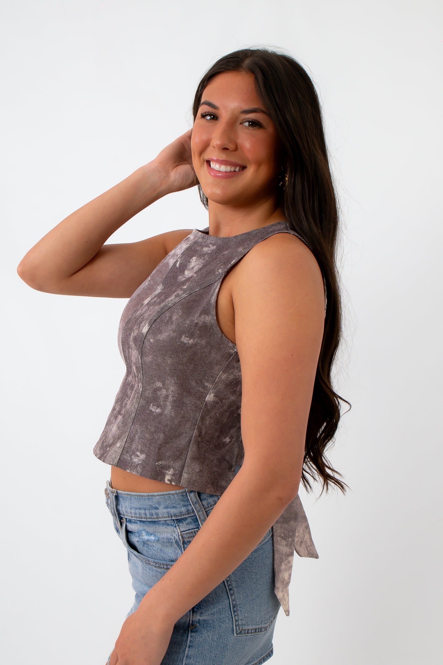 Denim tie-back top with sleeveless design