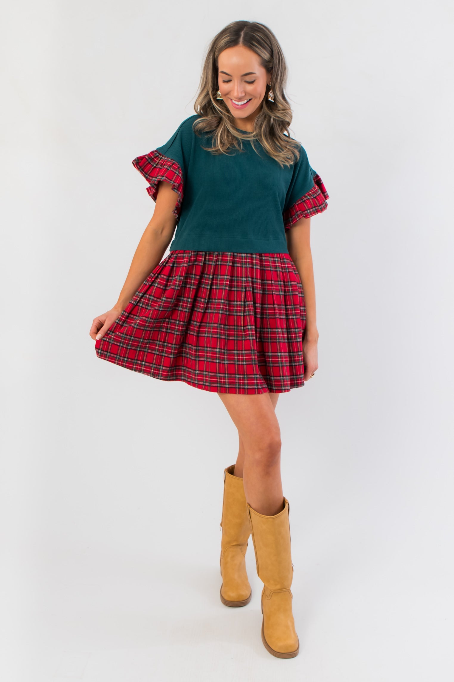 Mistletoe Moment Tartan Plaid Babydoll Dress with green top and red plaid skirt, perfect comfy Christmas dress for holiday parties.