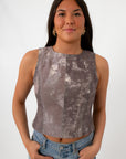 Gray sleeveless crop top with abstract pattern
