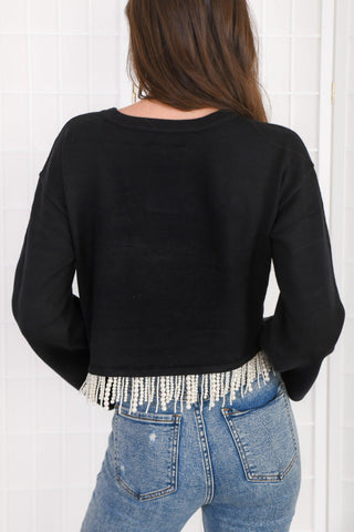 Freya Pearl Fringe Black Crop Sweater-Fate-L. Mae Boutique