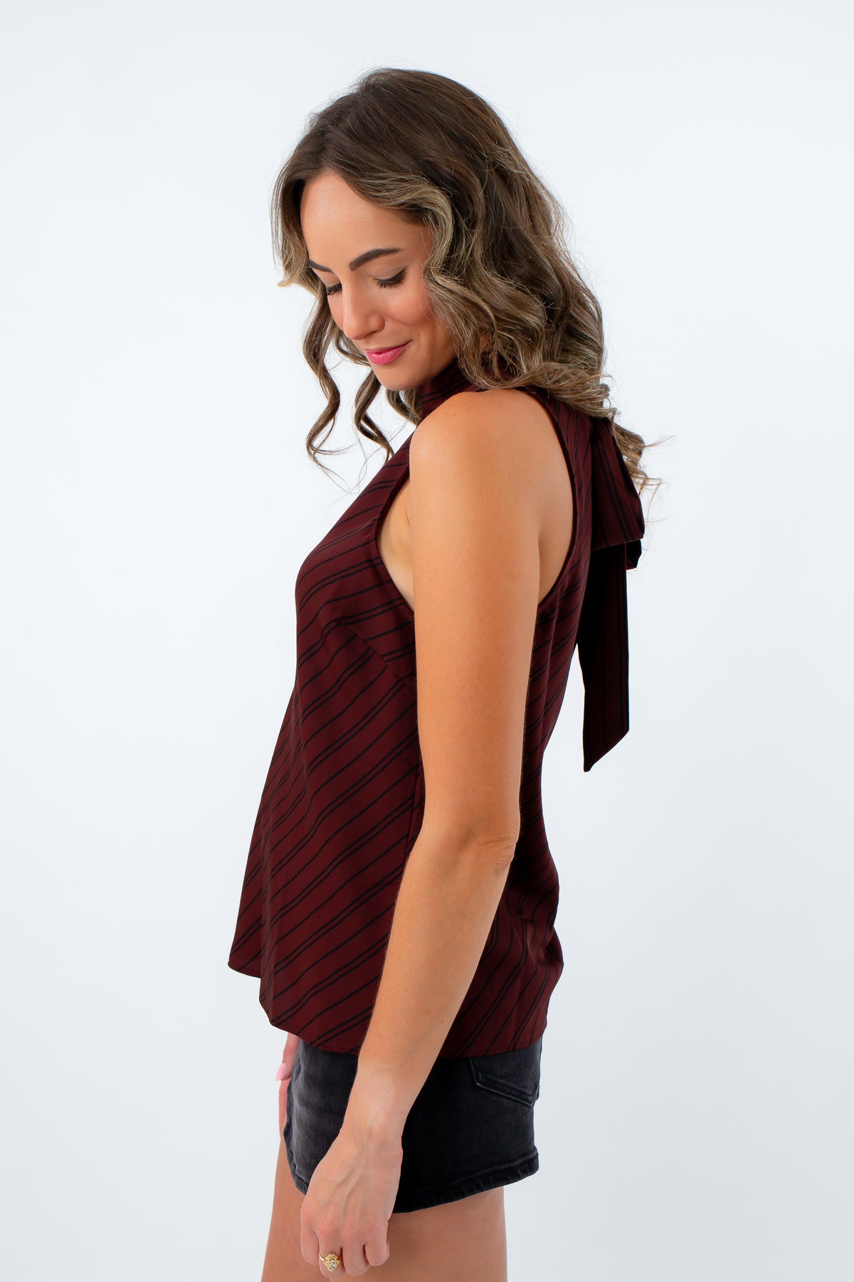 Lightweight sleeveless garnet top for fall outings, garnet top for USC game day, burgundy and black stripe top