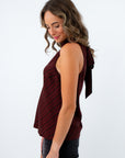Lightweight sleeveless garnet top for fall outings, garnet top for USC game day, burgundy and black stripe top
