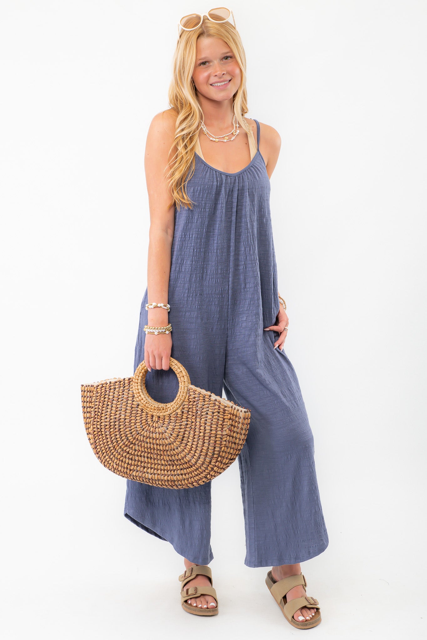 Z Supply Worn Blue Textured Flared Jumpsuit