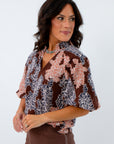 THML puff sleeve blouse with ruffle collar, brown floral blouse for fall, brown blouse with puff sleeves and floral pattern