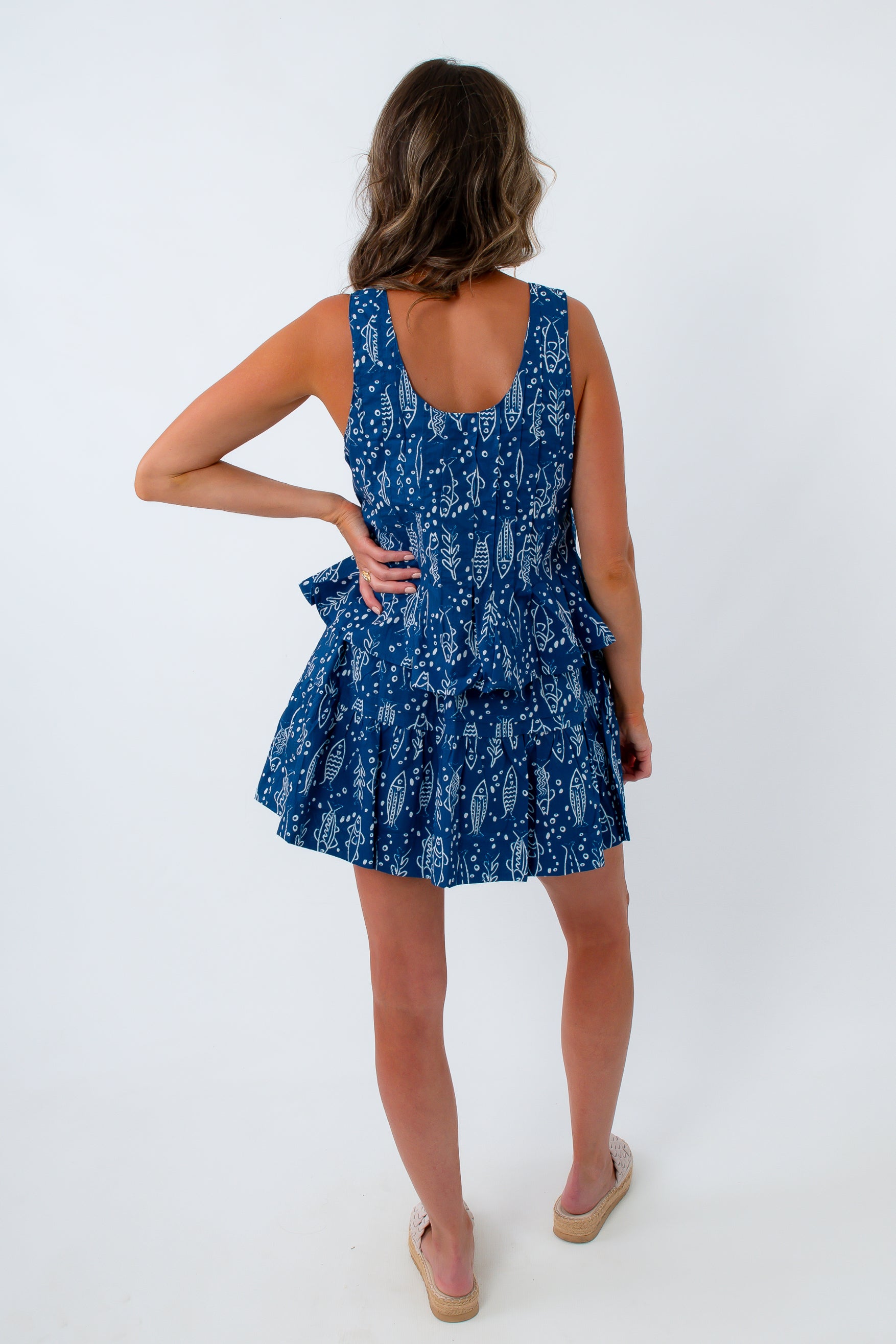 Blue and white fish print mini skirt for summer, 4th of July, Labor day, memorial day