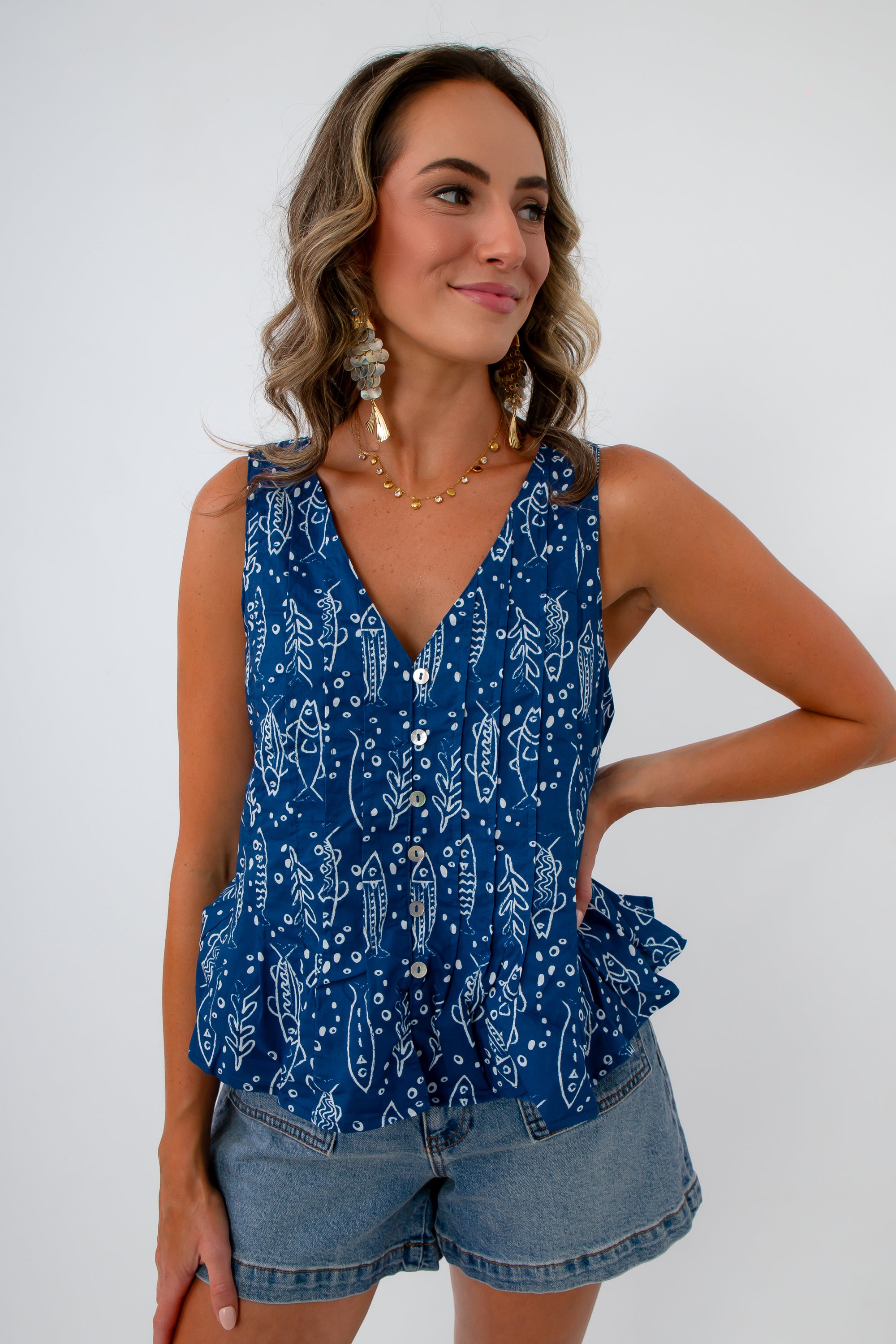 Summer sleeveless top with fish print for 4th of July, Labor Day, Memorial day