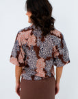 100% cotton breathable fall floral blouse, Brown ruffle collar blouse for fall workwear, THML fall blouse