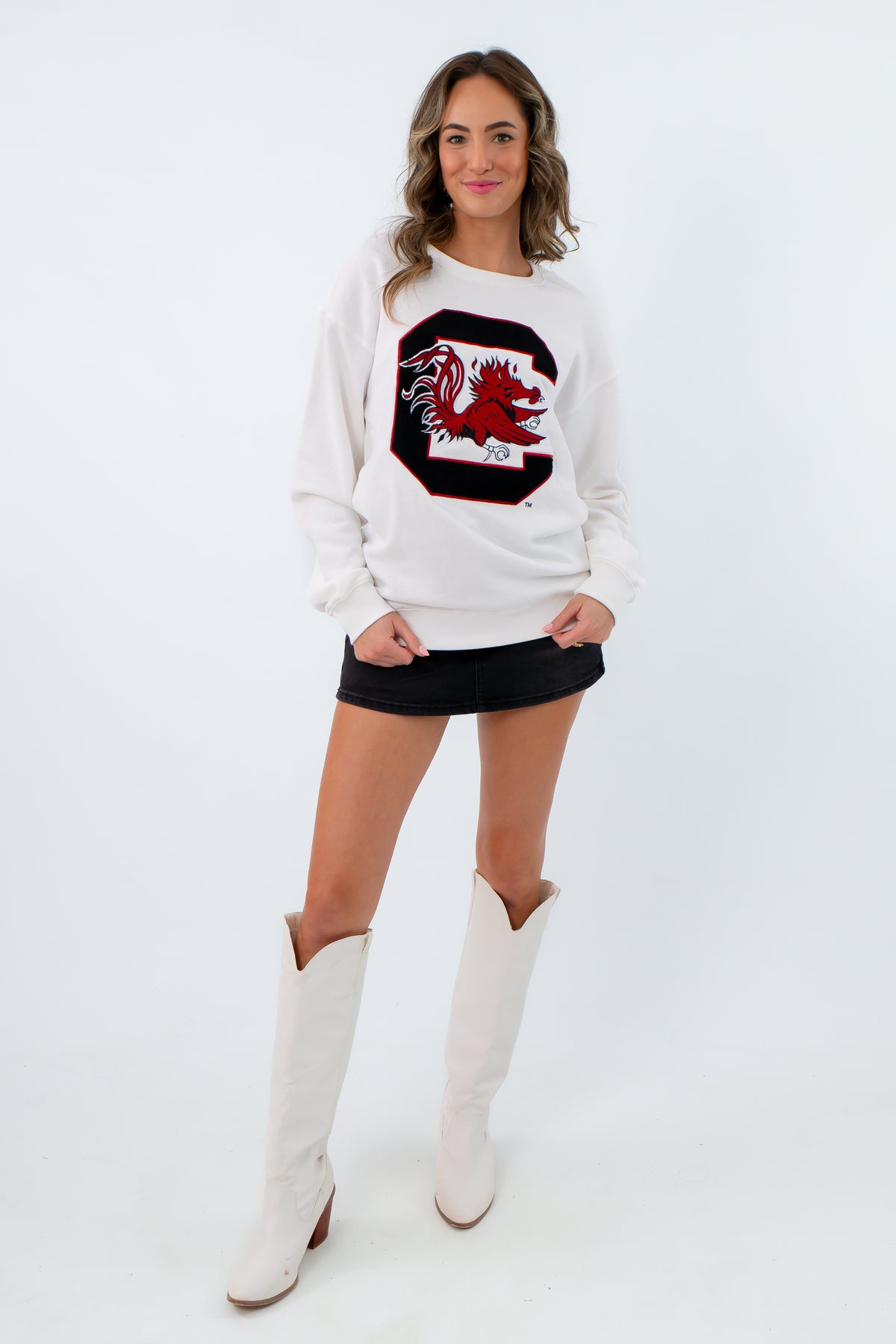 White USC sweatshirt with chenille patch, White gamecocks sweatshirt with chenille patch