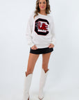 White USC sweatshirt with chenille patch, White gamecocks sweatshirt with chenille patch