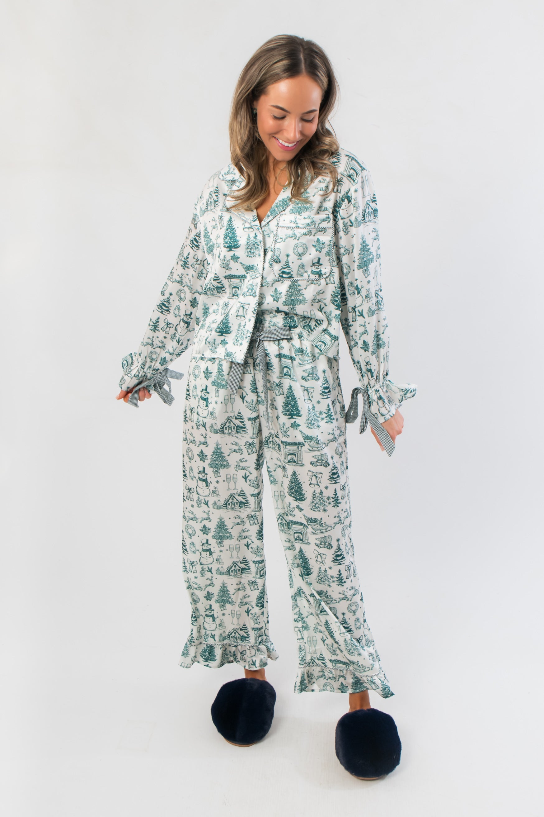 Heritage Holiday Toile Green Pajama Set – Festive & Cozy loungewear with button-down top, elastic waistband, and charming holiday graphics.