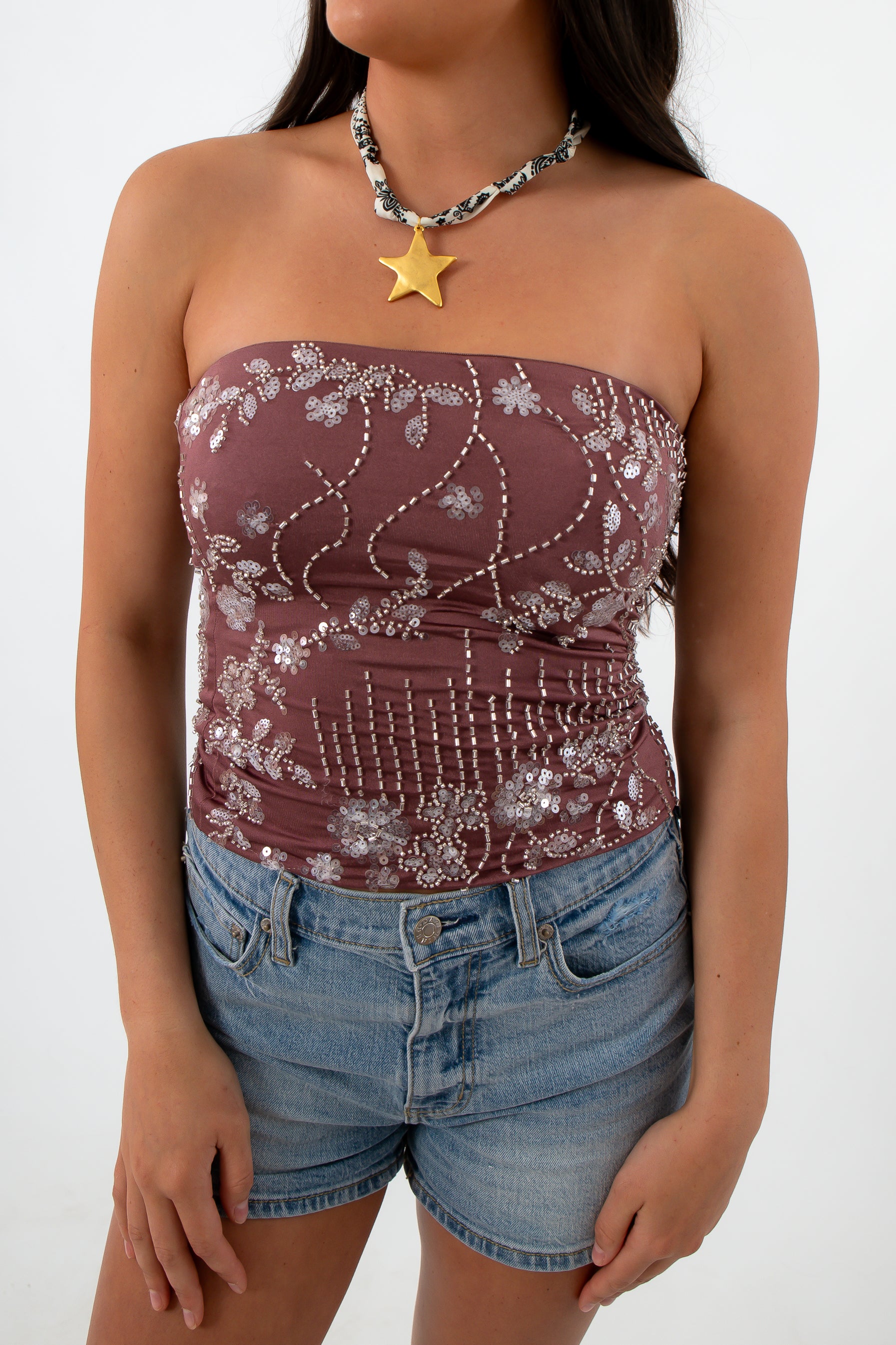 Strapless mauve beaded tube top with floral and geometric embellishments for summer fashion