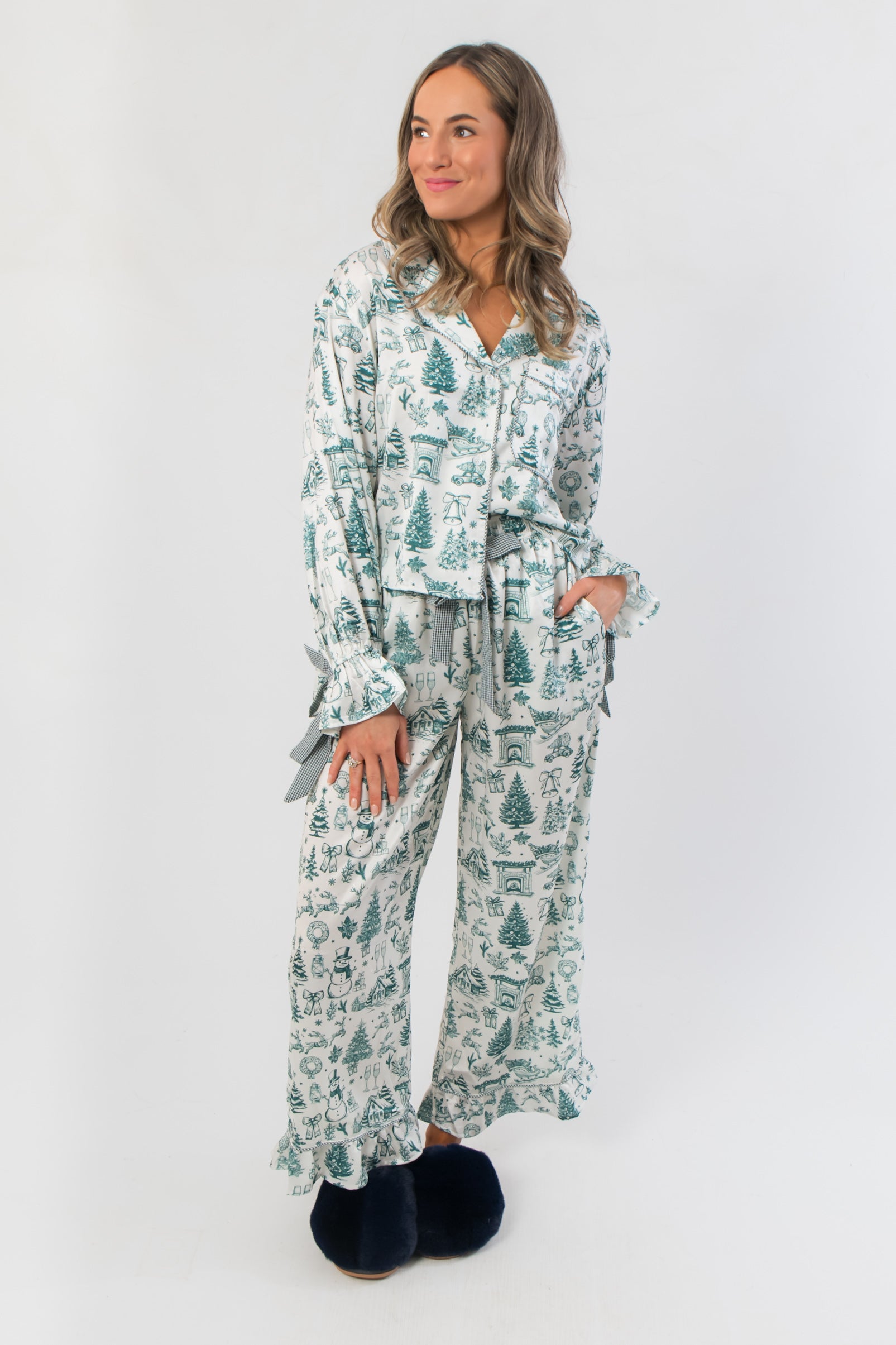 Heritage Holiday Toile Green Pajama Set – Festive & Cozy two-piece sleepwear with holiday print, ruffle cuffs, and ribbon tie waist, front view.