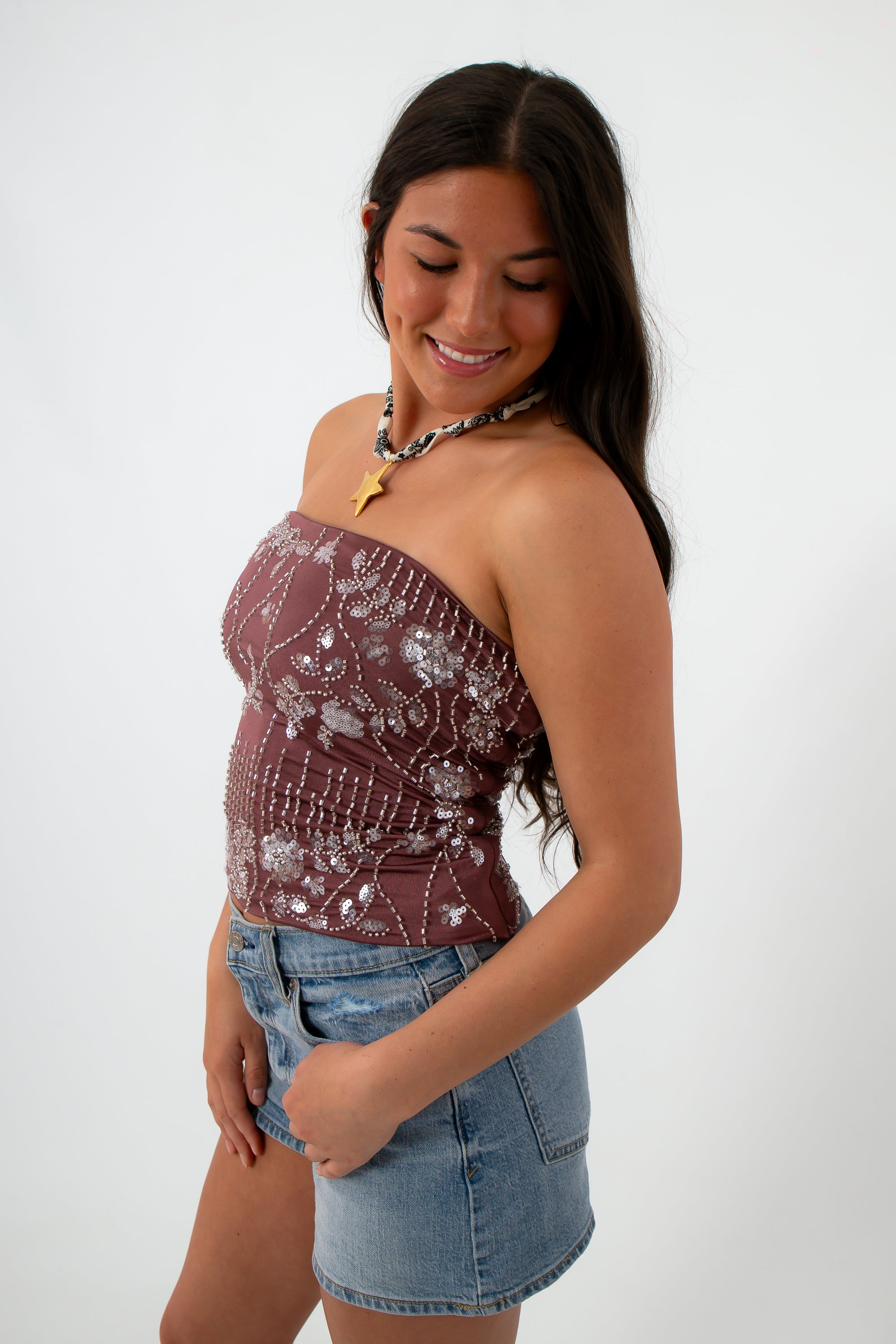 Strapless embellished mauve tube top with sequins