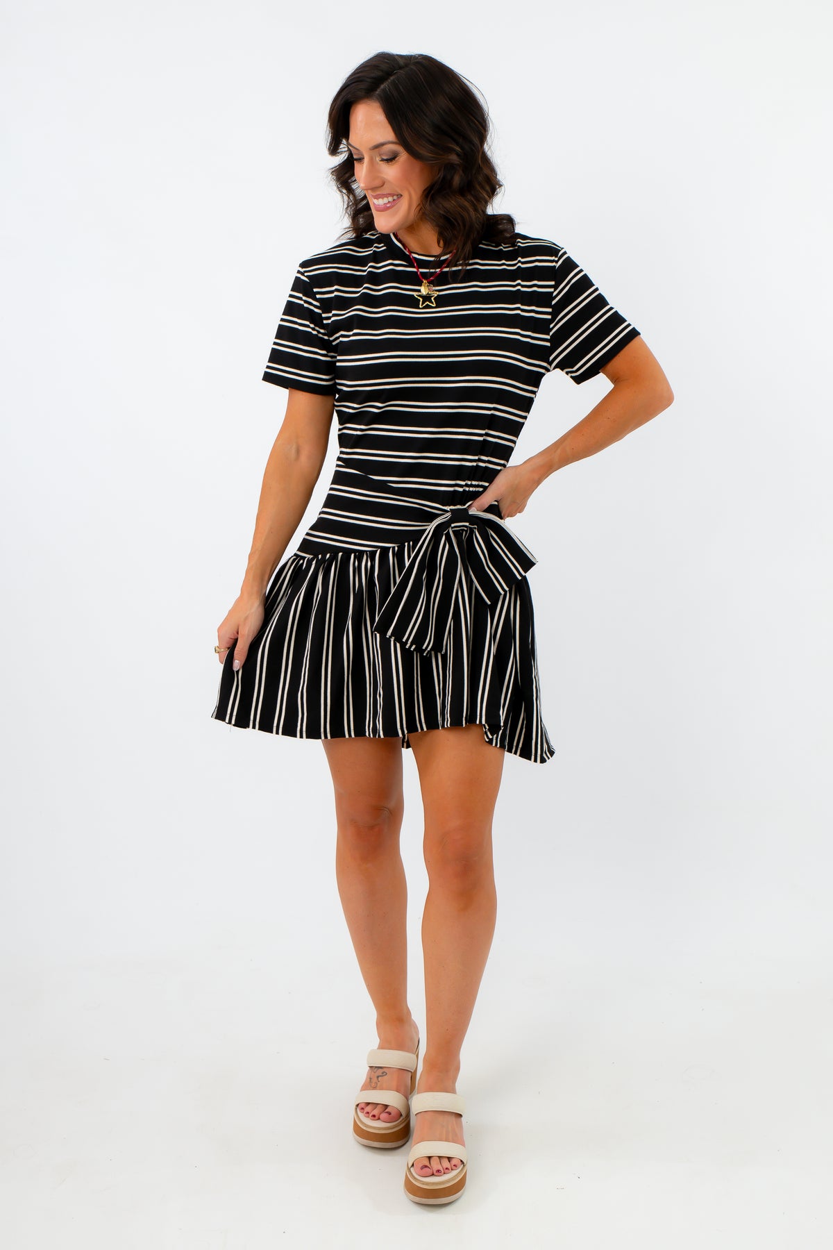 en saison Cara Black &amp; White Stripe Jersey Dress