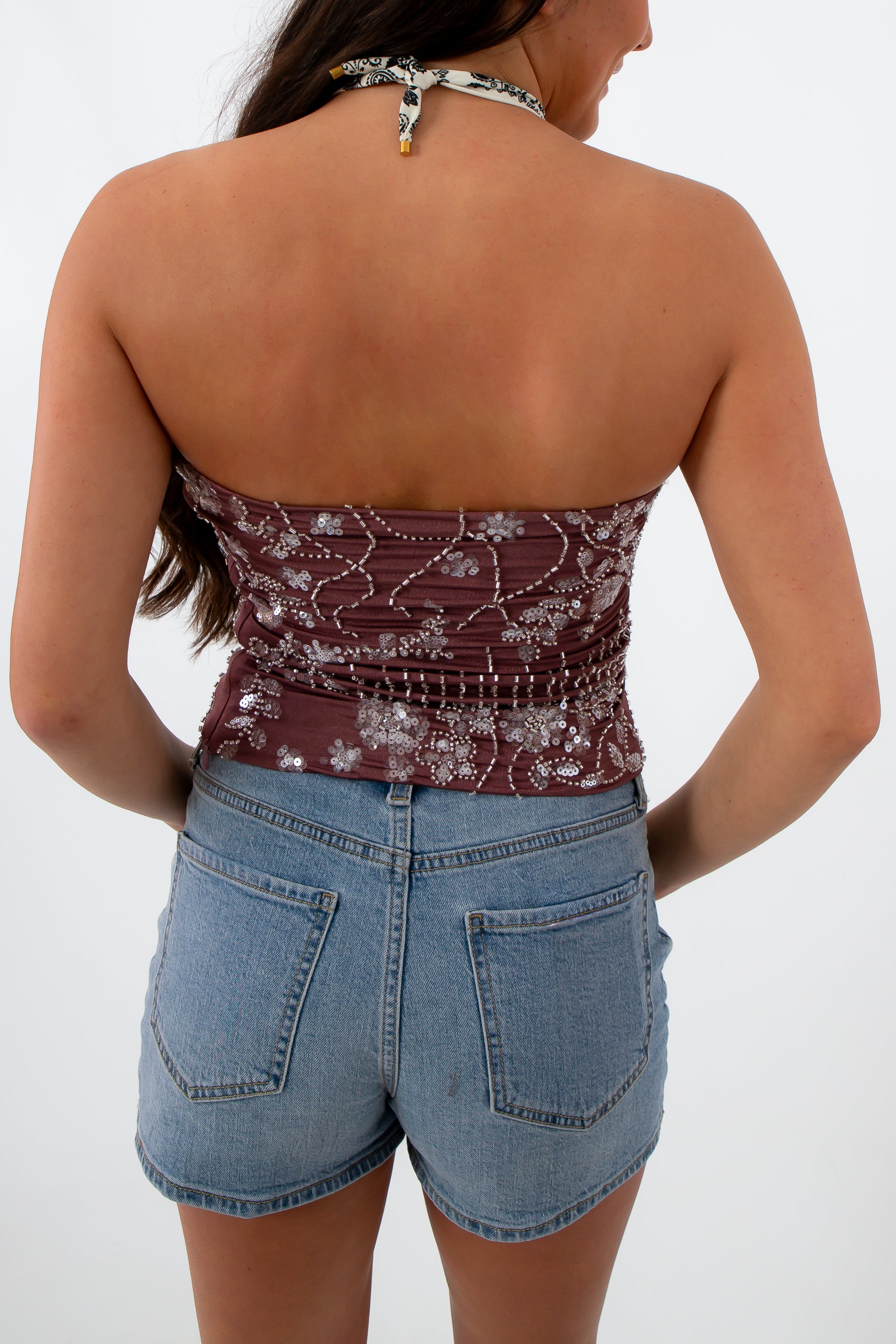 Beaded tube top with floral embroidery in mauve