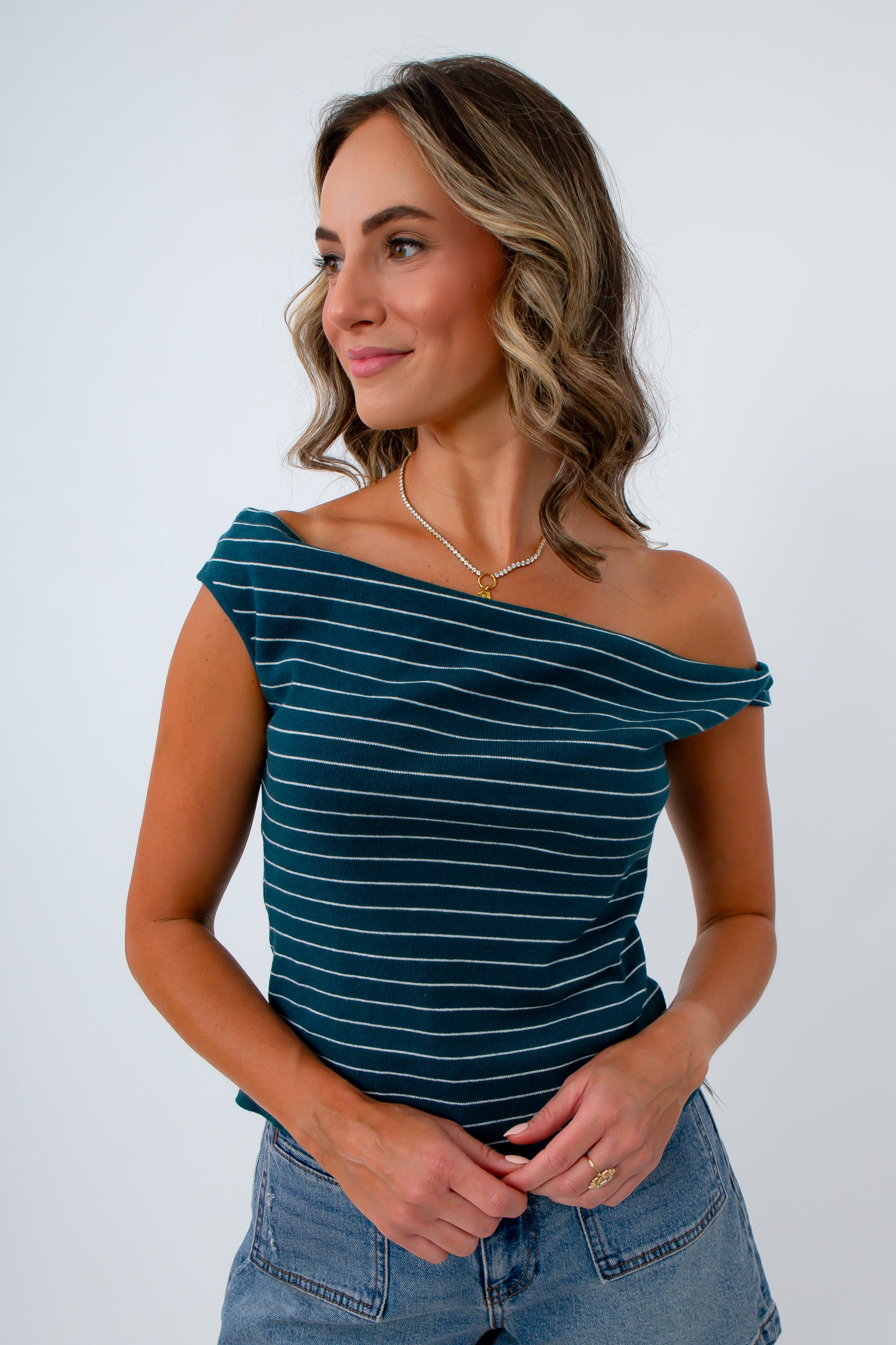 Teal Stripe Asymmetrical Knit Top